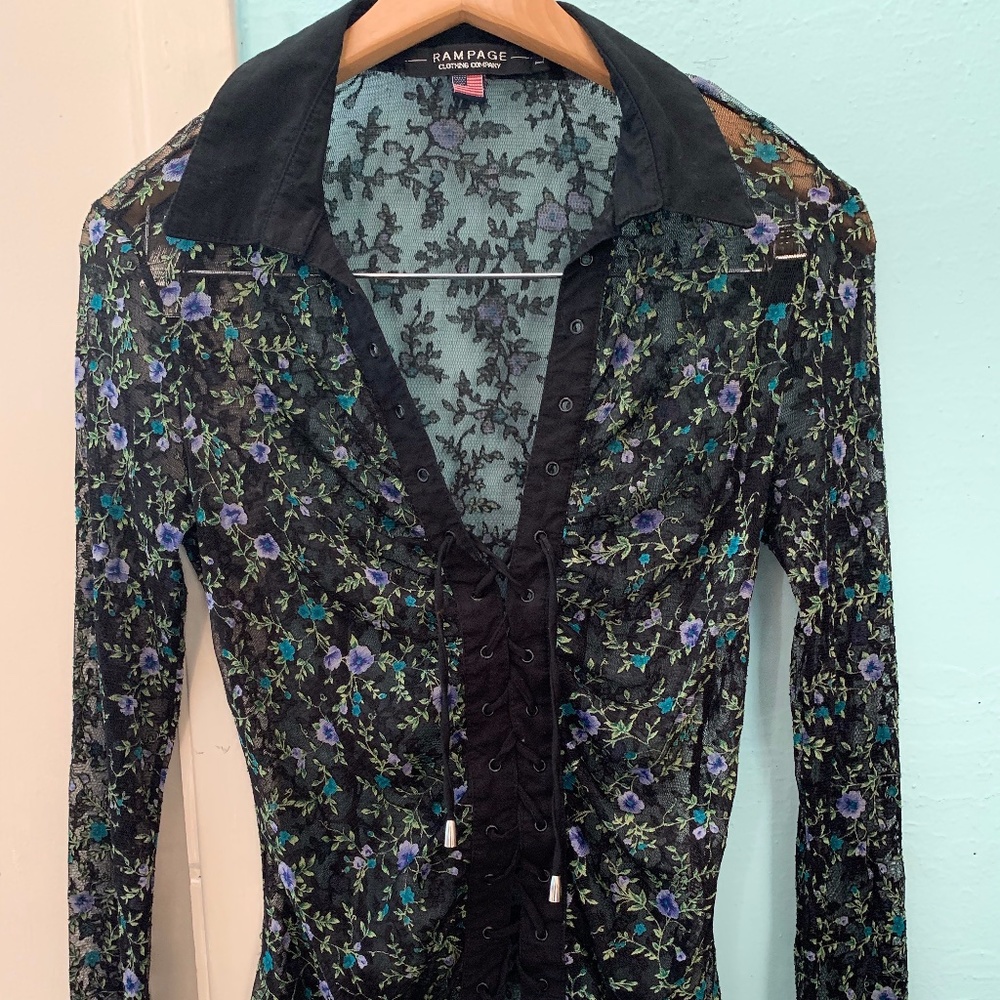 Vintage 80s 90s Sheer Floral Long Sleeve Shirt
